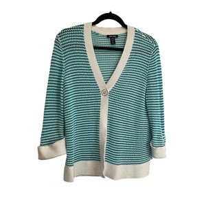 Spring + Mercer Teal White Beach Open Knit Single Button Cardigan Womens Size L